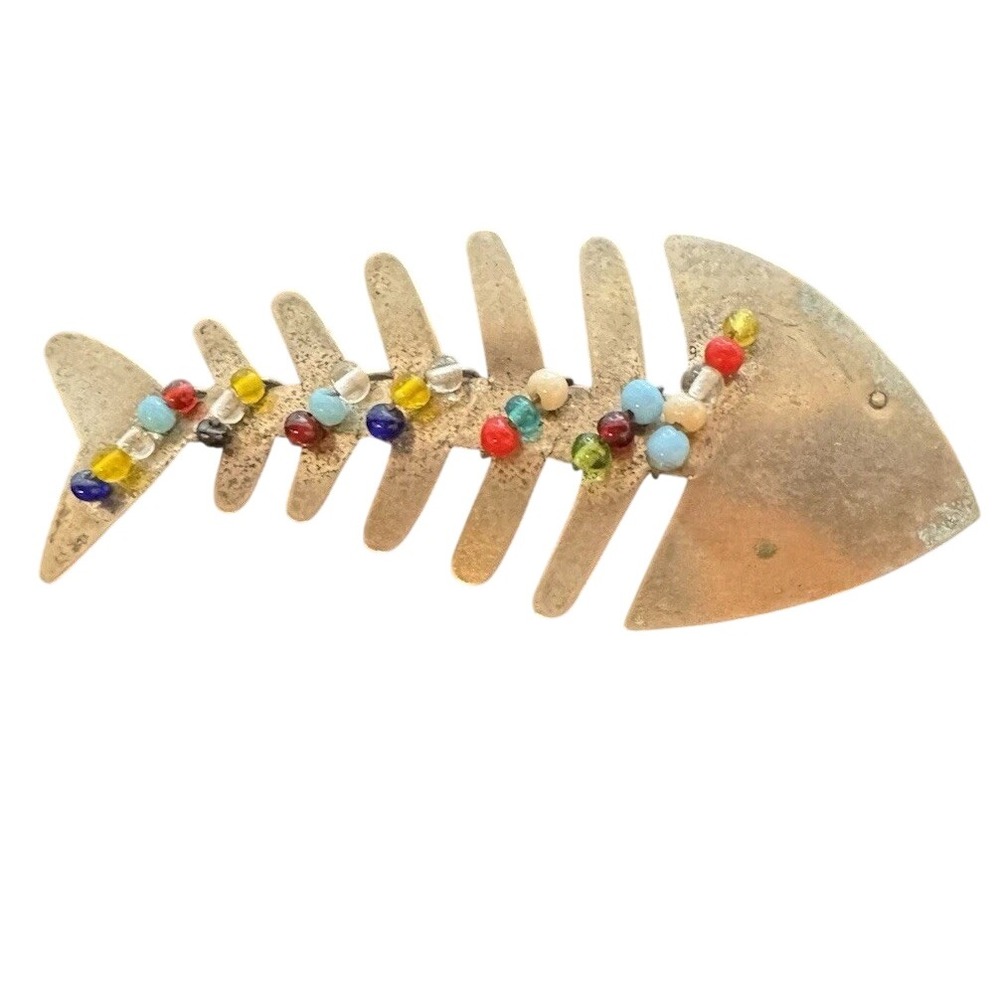 Vintage Fish Skeleton Brooch Pin Silver Tone w/ Multicolor Beads 5 in Sea Life